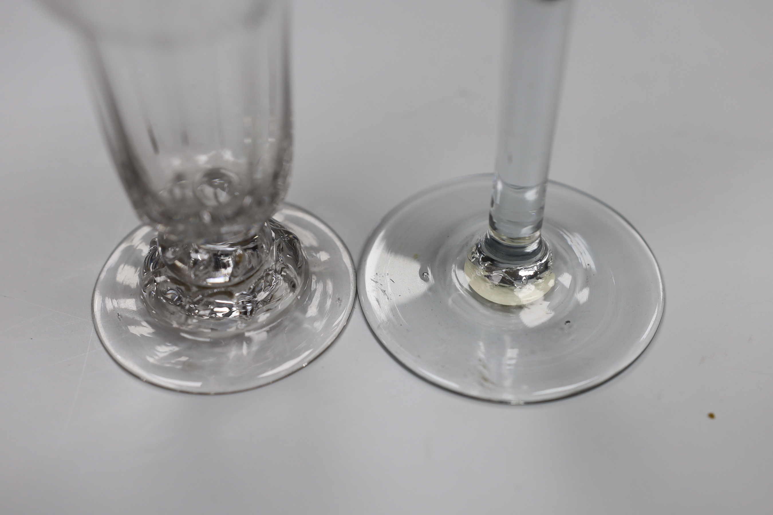 A George II wine glass, bell bowl with air-tear, and a George II syllabub glass, tallest 16cm